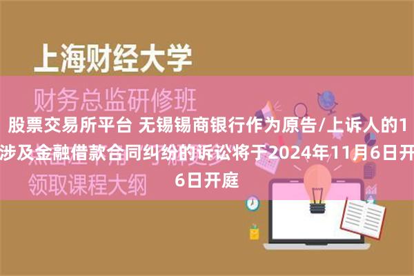 股票交易所平台 无锡锡商银行作为原告/上诉人的1起涉及金融借款合同纠纷的诉讼将于2024年11月6日开庭